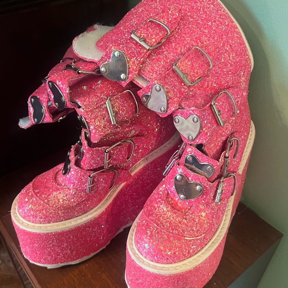 Demonia Pink Glitter Platform Boots